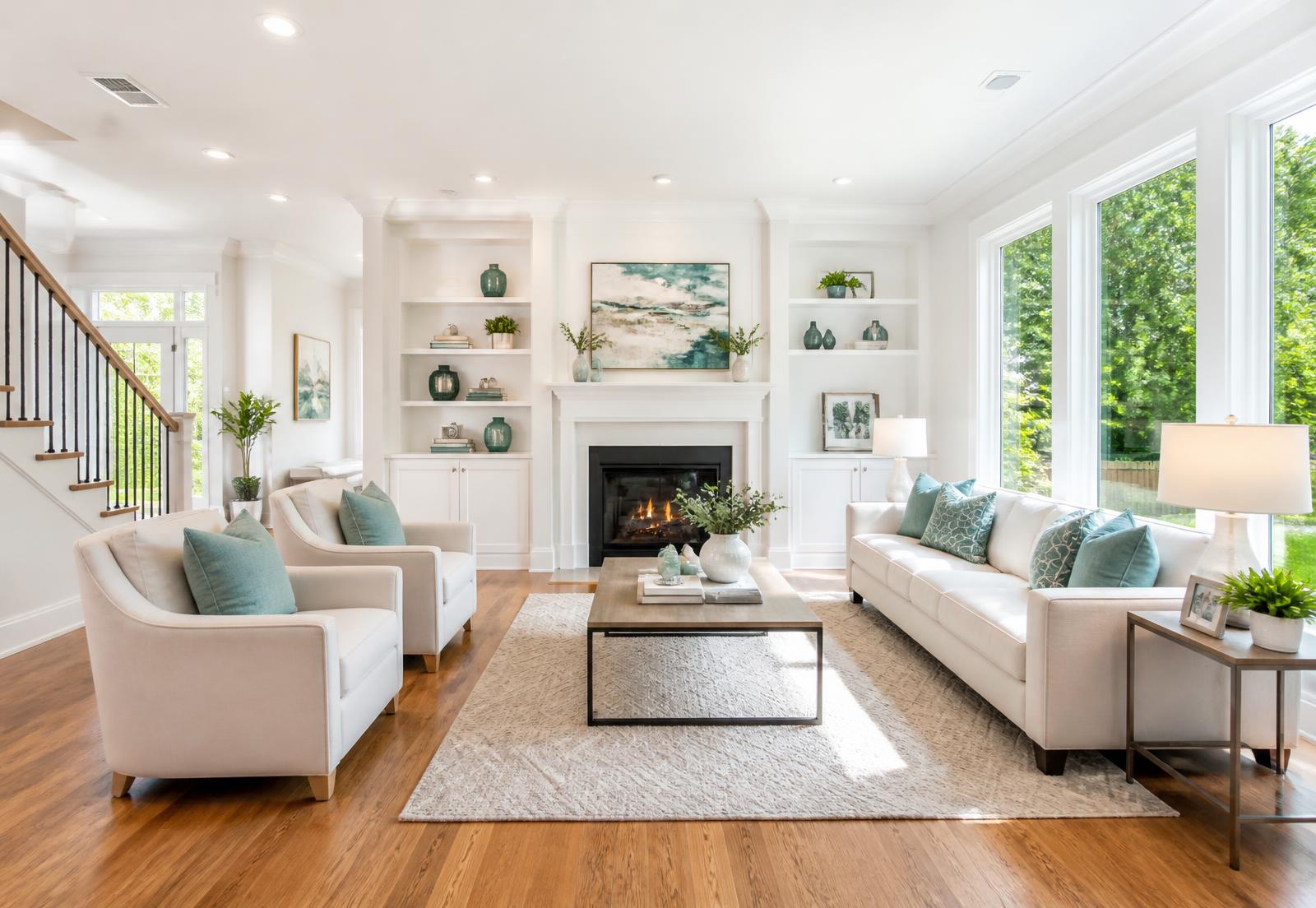Bright, freshly cleaned living room with gleaming floors